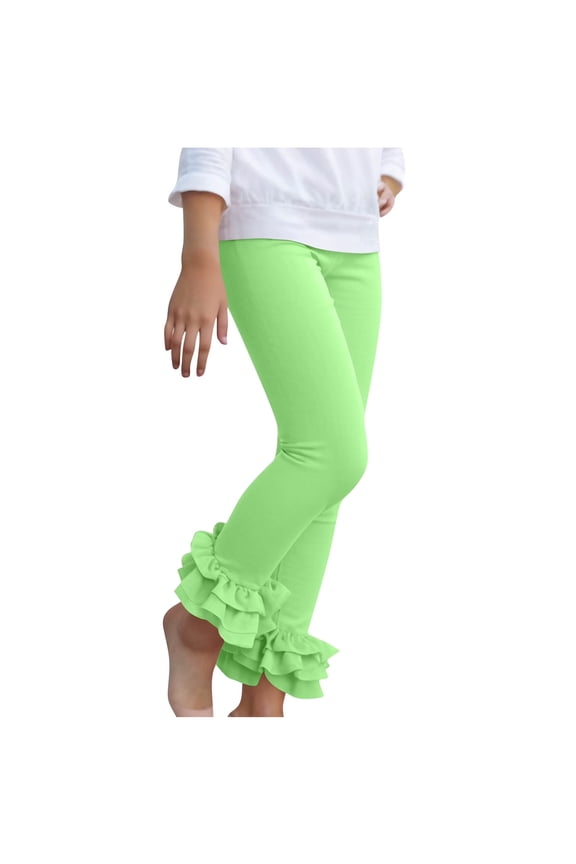 Girls' Solid Color Ruffled Leggings - Elastic Waist, Soft Cotton-Blend, Ruffled Ankle, for Daily Wear/School/Parties (Fluorescent Green 7Y)