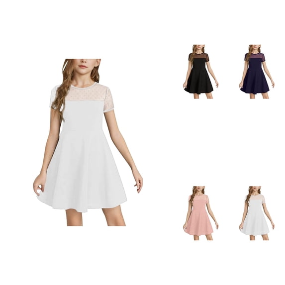 Girls Solid Color Short Sleeve High Waist Flared A-Line Summer Dress with Contrast Mesh Stitching