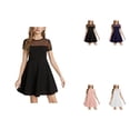 thumbnail image 1 of Girls Solid Color Short Sleeve High Waist Flared A-Line Summer Dress with Contrast Mesh Stitching, 1 of 4
