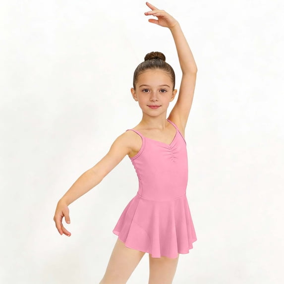 Girls' Solid Color Sleeveless Chiffon Skirt Ballet Dance Outfit Practice Outfit V-Neck Suspender Short Dress(Sizes 3-15)