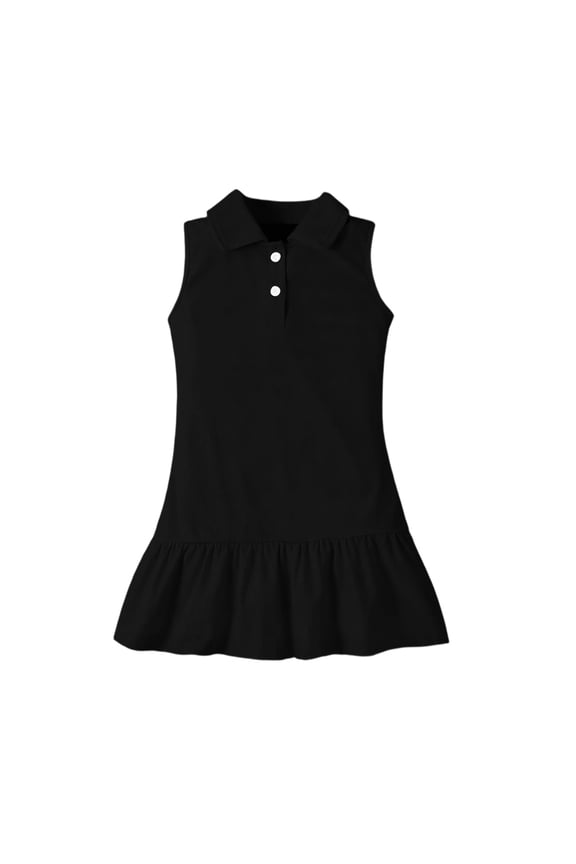 Girls Solid Color Sleeveless Polo Dress Drop Waist Ruffle Hem School Casual Dress Black 130
