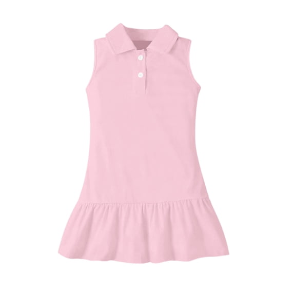 Girls Solid Color Sleeveless Polo Dress Drop Waist Ruffle Hem School Casual Dress Pink 120