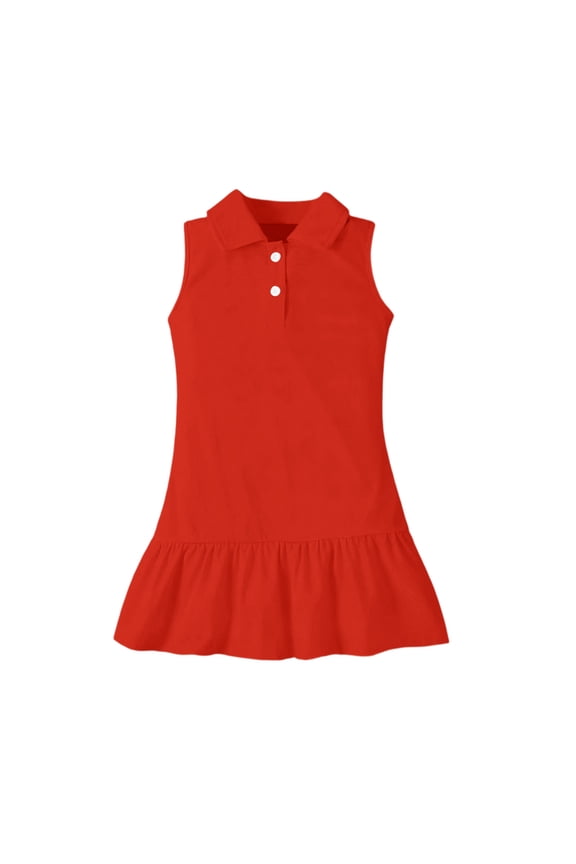 Girls Solid Color Sleeveless Polo Dress Drop Waist Ruffle Hem School Casual Dress Red 150