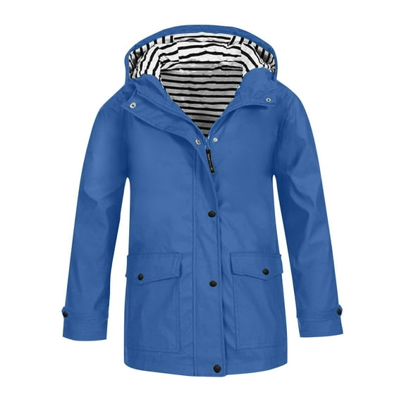 Girls Solid Color Slicker Shell Anorak, Plus Size Windbreaker Jacket Striped Lining Rain Jacket 3-14 Years Kids Windbreaker Kids Slicker Shell Jacket Zip Up Rain Jacket, Sky Blue 140