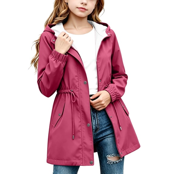 Girls Solid Color Slim Raincoat Windproof Long Sleeve Cinched Drawstring Zipper Rain Jacket Kids Casual Water-Resistant Outerwear with Pockets Hot Pink 5-6 Years