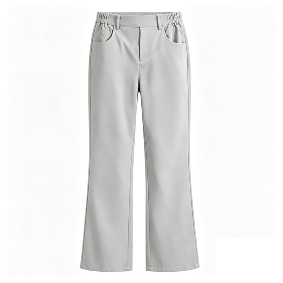Girls Solid Color Straight Leg School Uniform Pants, Half Elastic Back Waist Bootcut Long Trousers with Side Pockets, Casual Dress Pants for Back to School Daily Wear(Grey,5-6 Years)