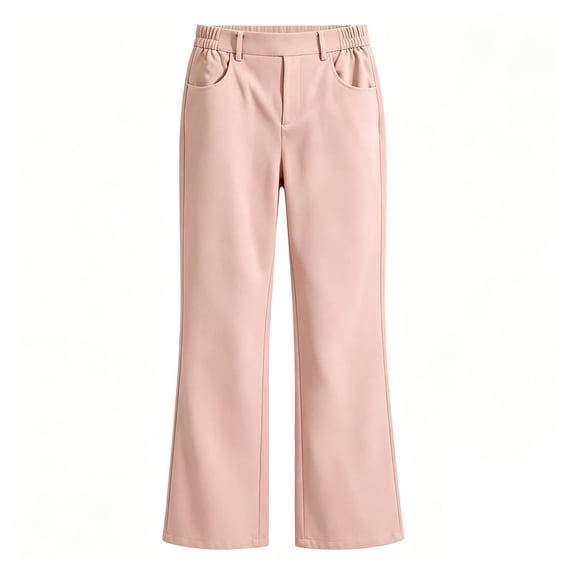Girls Solid Color Straight Leg School Uniform Pants, Half Elastic Back Waist Bootcut Long Trousers with Side Pockets, Casual Dress Pants for Back to School Daily Wear(Pink,13-14 Years)