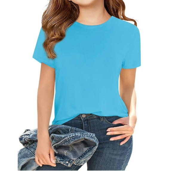 Girls Solid Color Summer Short Sleeved Casual Shirt Children Kids Round Neck Tee Tops for 5-14 Years