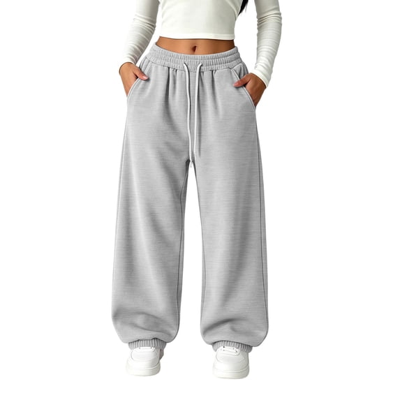 Girls Solid Color Sweatpants, Youth Teen Girls Drawstring Jogger Pants with Pockets, Elastic Waist Casual Athletic Long Trousers for Daily School Gray 140