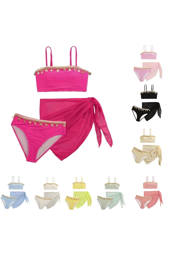 Girls' Solid Color Swimsuit Summer 3 Piece Bathing Suits Beach Swimwear With Cover Up Rose Gold 9 Y-10 Y