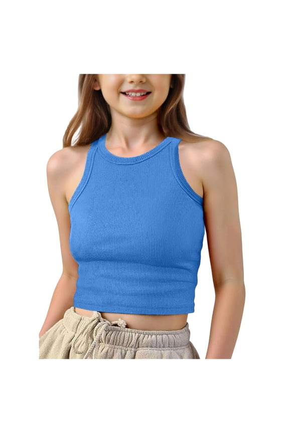 Girls Solid Color Threaded Sleeveless Tank Top Casual Everyday Wear for Spring Summer Size 7-12