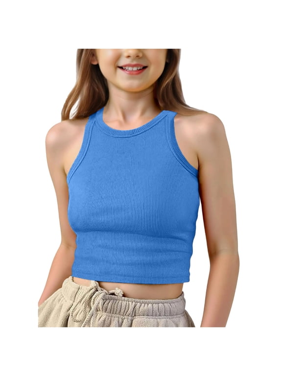 Girls Solid Color Threaded Sleeveless Tank Top Casual Everyday Wear for Spring Summer Size 7-13