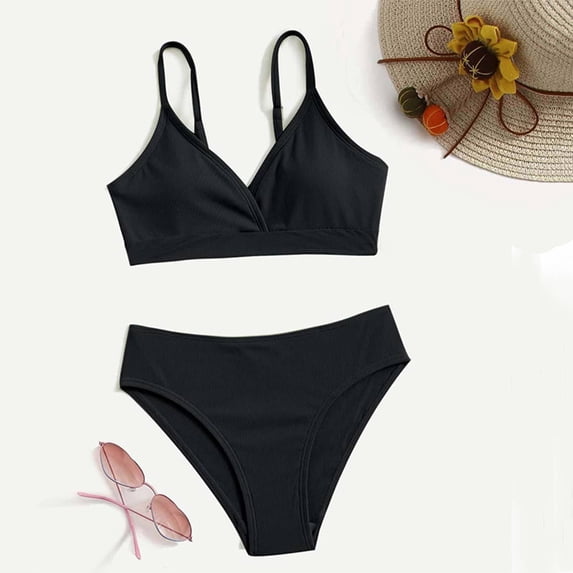 Girls Solid Color Two Piece Swimsuit Ruffle Hem Bikini Set Big Kids Bathing Suit Black 12-14 Y