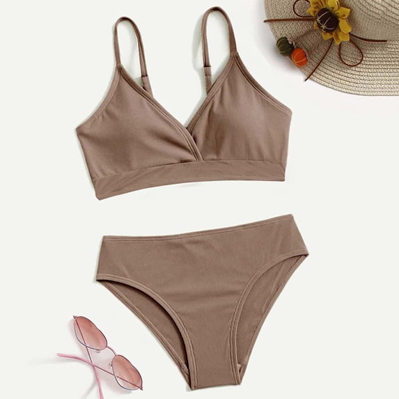 Girls Solid Color Two Piece Swimsuit Ruffle Hem Bikini Set Big Kids Bathing Suit Brown 12-14 Y