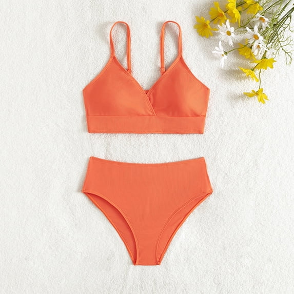 Girls Solid Color Two Piece Swimsuit Ruffle Hem Bikini Set Big Kids Bathing Suit Orange 14-16 Y