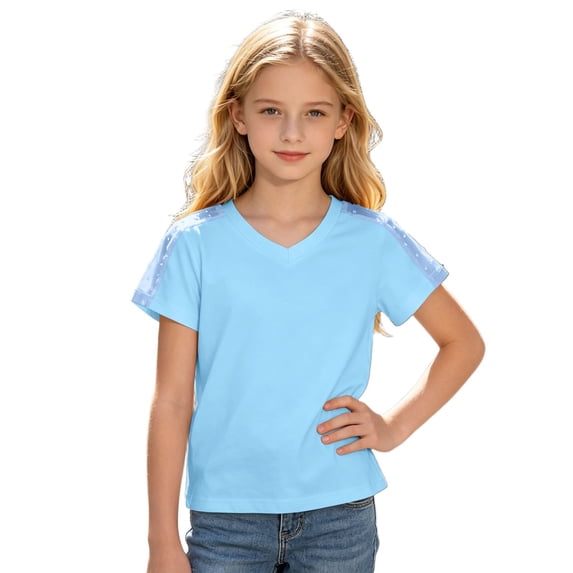 Girls Solid Color V Neck Short Sleeve T-Shirt Kids Mesh Cutout Splicing Shoulder Stitching Blouse Breathable Casual Summer Tee Top for Daily Wear(Blue,8-9 Years)
