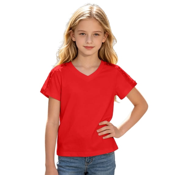 Girls Solid Color V Neck Short Sleeve T-Shirt Kids Mesh Cutout Splicing Shoulder Stitching Blouse Breathable Casual Summer Tee Top for Daily Wear(Red,11-12 Years)