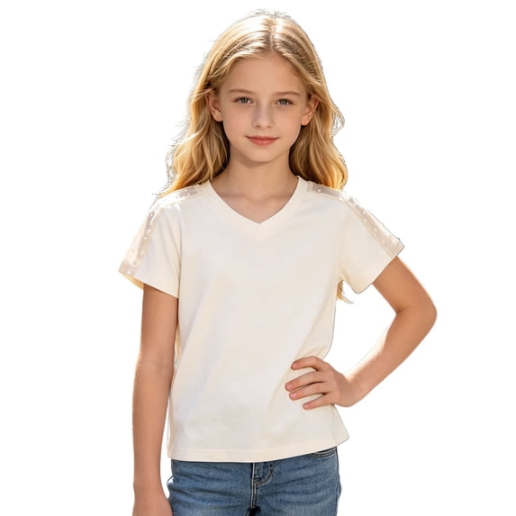 Girls Solid Color V Neck Short Sleeve T-Shirt Kids Mesh Cutout Splicing Shoulder Stitching Blouse Breathable Casual Summer Tee Top for Daily Wear(White,13-14 Years)