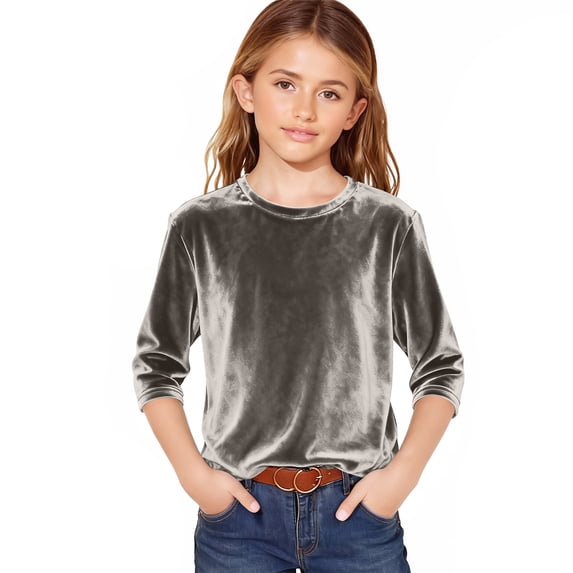 Girls Solid Color Velvet Top, Long Sleeve Crew Neck, Shirt, for Everyday Wear, School and Weekend Outfits, Kids Clothing | CSEONE
