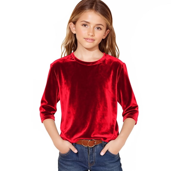 Girls Solid Color Velvet Top, Long Sleeve Crew Neck, Shirt, for Everyday Wear, School and Weekend Outfits, Kids Clothing | CSEONE