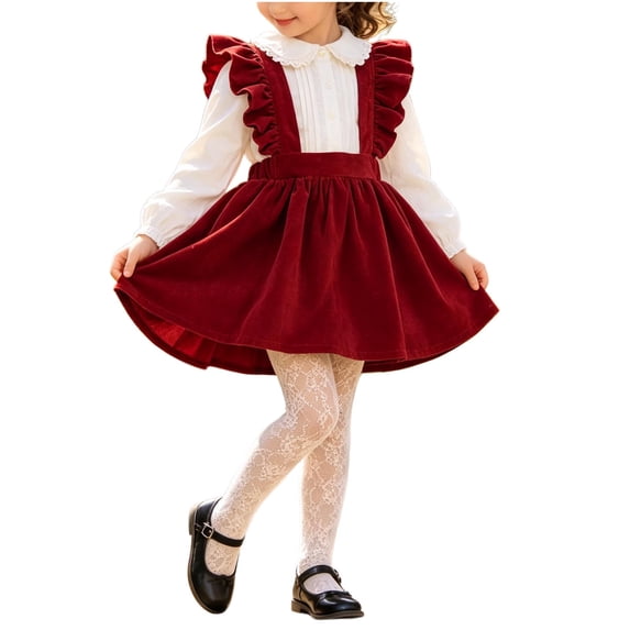 Girls Solid Corduroy Ruffle Suspender Pinafore Dress Sleeveless Layerable Jumper Skirt Vintage Fall Winter Outfit for Little Girls Red 4-5 Years