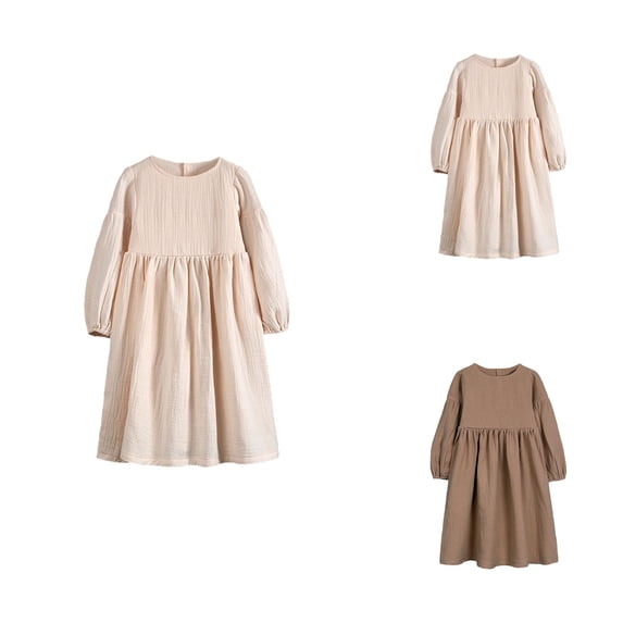 Girls' Solid Cotton Linen Long Sleeve A-Line Sundress – Loose Pleated Waist Crewneck Casual Summer Dress for Toddlers