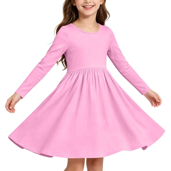 Girls Solid Dress Long Sleeve Crew Neck Swing A-Line Tween Twirl Party Fall Dresses