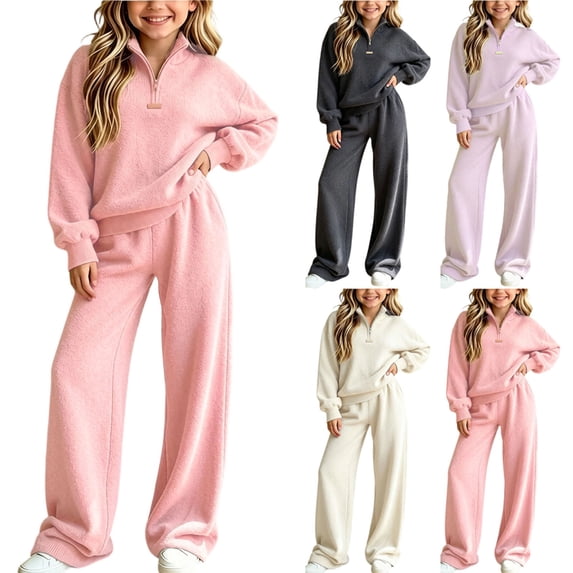 Girls Solid Knit 2 Piece Outfit Half Zip Turtleneck Sweater & Wide Leg Pants Set, Kids Fashion Casual Tracksuit for Autumn Winter White-A 12-13 Years