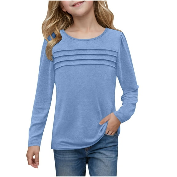 Girls Solid Long Sleeve Shirts Medium Tops Girls Pleated Front Long Sleeve Shirts Kids Puffed Soft Cute Casual Crewneck T Shirts Tops