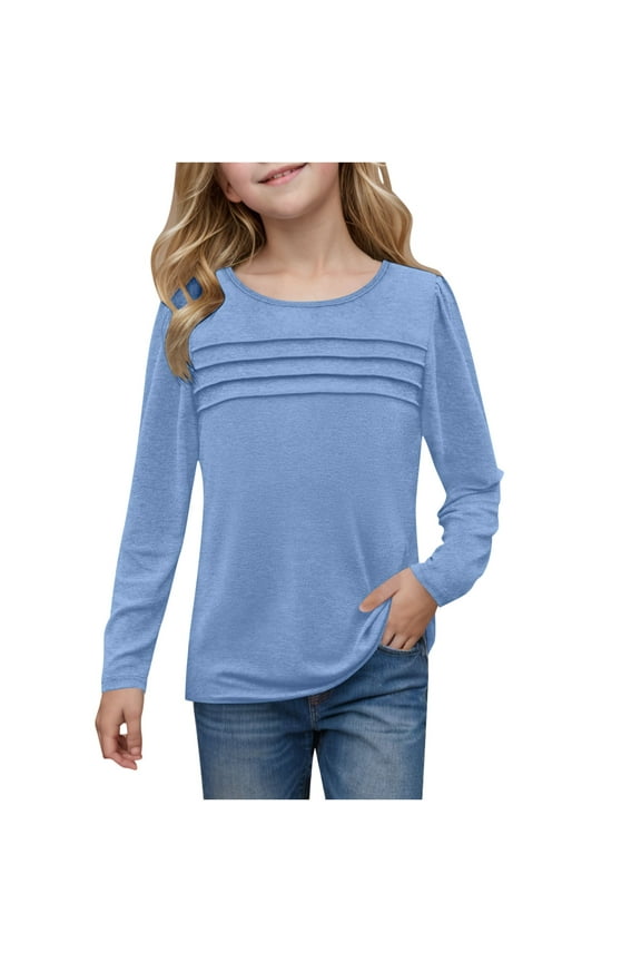 Girls Solid Long Sleeve Shirts Medium Tops Girls Pleated Front Long Sleeve Shirts Kids Puffed Soft Cute Casual Crewneck T Shirts Tops