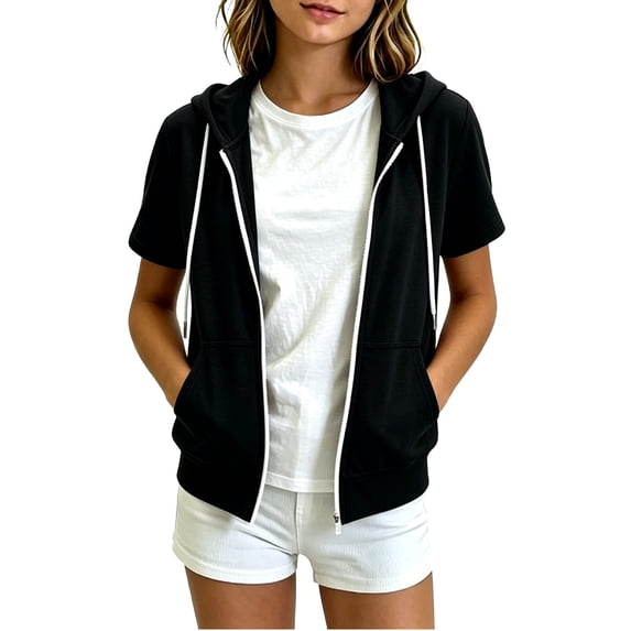 Girls Solid Loose Zip up Hooded Jacket Lightweight Short Sleeve Sweatshirt Jacket with Pockets, Casual Spring Fall Outerwear for Kids Black 140(140)