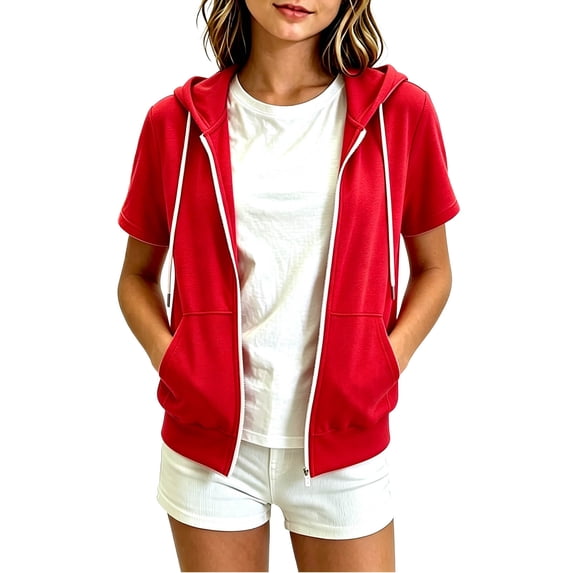 Girls Solid Loose Zip up Hooded Jacket Lightweight Short Sleeve Sweatshirt Jacket with Pockets, Casual Spring Fall Outerwear for Kids Red 150(150)
