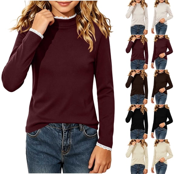 Girls Solid Mock Neck Base Layer Shirt Long Sleeve Top with Lace Trim Stretch Casual Slim Fit Tees Cute Clothes for Girls