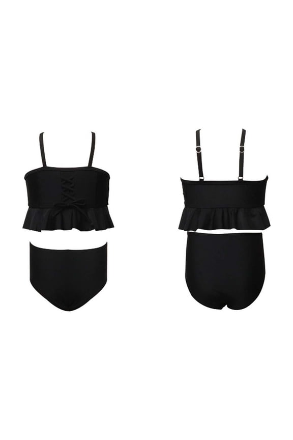 Girls Solid Nylon Two-Piece Swimsuit, Peplum Bikini Set with Lace-Up Detail, Adjustable Straps Bathing Suit for Kids