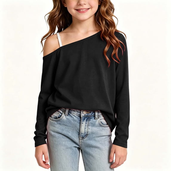 Girls Solid Off Shoulder Sweatshirt Long Sleeve Drop Shoulder Pullover Tops Trendy Casual Clothes Outfits Black 8-9 Years