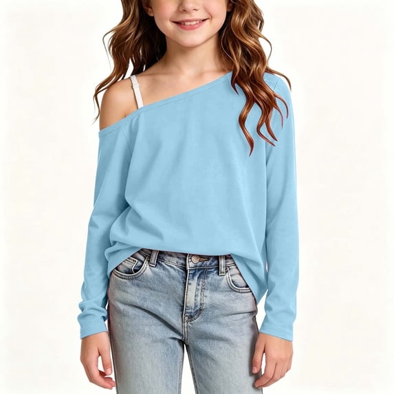 Girls Solid Off Shoulder Sweatshirt Long Sleeve Drop Shoulder Pullover Tops Trendy Casual Clothes Outfits Light Blue 6-7 Years