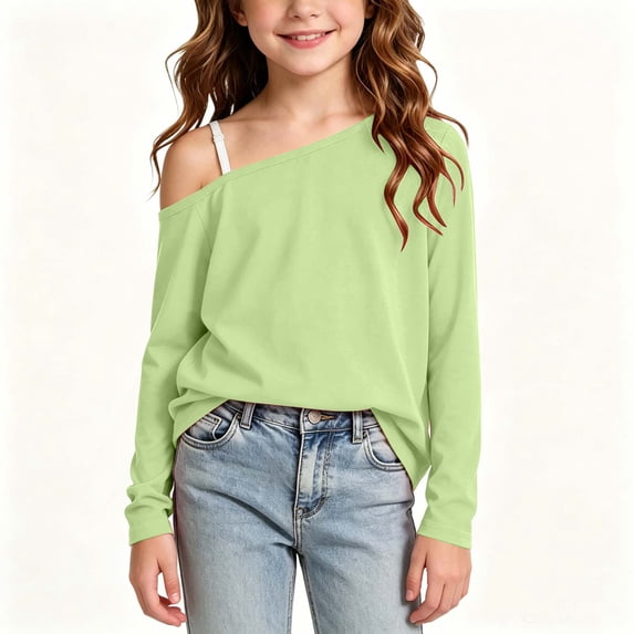 Girls Solid Off Shoulder Sweatshirt Long Sleeve Drop Shoulder Pullover Tops Trendy Casual Clothes Outfits Mint Green 12-13 Years