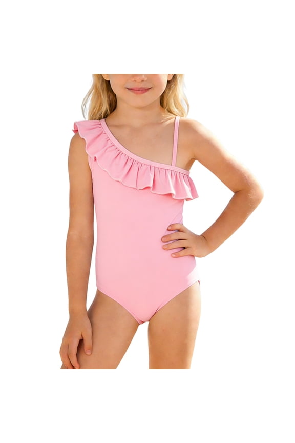 Girls Solid One Shoulder Ruffle 1 Piece Bathing Suit, Stretch Resistant Kids Swimsuit, Anti Exposure Pool Training Outfit