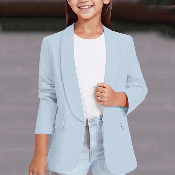 Girls Solid Open Front Blazer Jacket Kids Shawl Collar Casual Suit Coat with Pockets Teen Girls Outerwear for Fall Winter Blue 9-10 Years