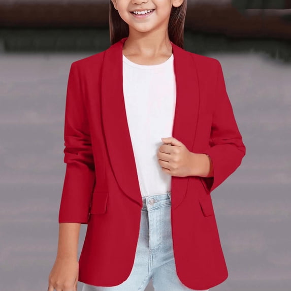 Girls Solid Open Front Blazer Jacket Kids Shawl Collar Casual Suit Coat with Pockets Teen Girls Outerwear for Fall Winter Red 5-6 Years