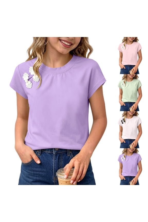 Girls Solid Pure Cotton Crew Neck Short Sleeve T-Shirt for Kids Ages 0-12 Soft Breathable Basic Tops for Spring Summer White