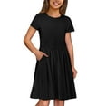 thumbnail image 1 of Girls' Solid Round Neck Short Sleeve Casual Dress with Pocket - Comfortable for Ages 3-12, Spring/Summer Versatile Wear, 1 of 7