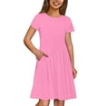 thumbnail image 1 of Girls' Solid Round Neck Short Sleeve Casual Dress with Pocket - Comfortable for Ages 3-12, Spring/Summer Versatile Wear, 1 of 7