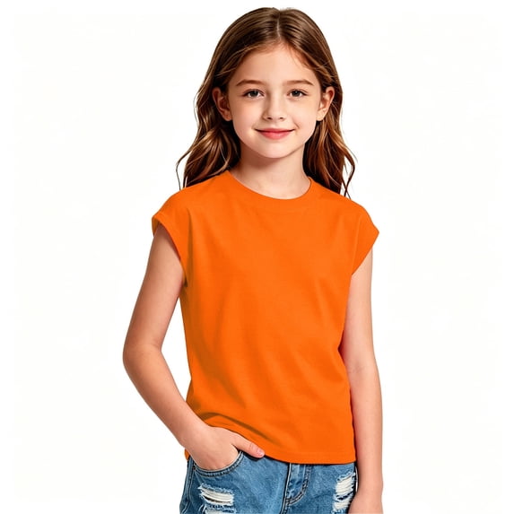 Girls Solid Short Sleeve T Shirts Summer Round Neck Basic Casual Tee For Kids Everyday Playful Youth TopOrange160.00