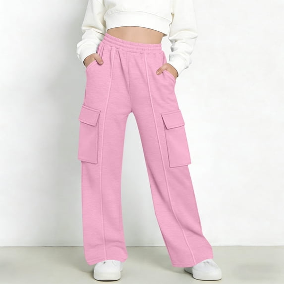 Girls Solid Sweatpants Straight Leg Elastic Waist Baggy Pants Teens Trendy Casual Comfy Trousers with Pockets Pink 5-6 Years