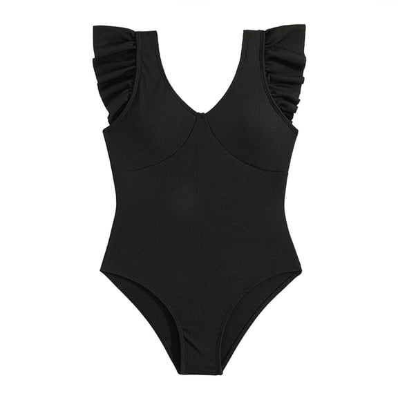 Girls' Solid Swimwear Swimsuit Round Neck Sleeveless Cut Out Ruffles Swimwear Beachwear Bikini Swimsuit for Little Girls 7-8 Years