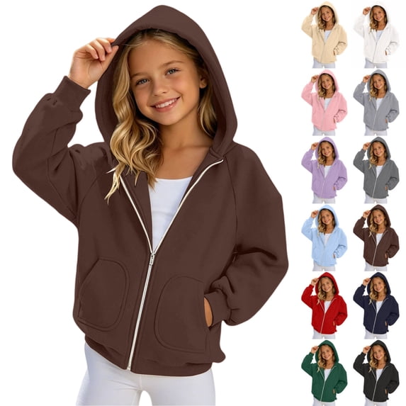 Girls Solid Zip Up Hoodie Jacket Raglan Long Sleeve Hooded Sweatshirt Coat Casual Soft Outerwear for Kids Back to School Autumn Winter Outdoor Daily Wear(Brown,6-7 Years)