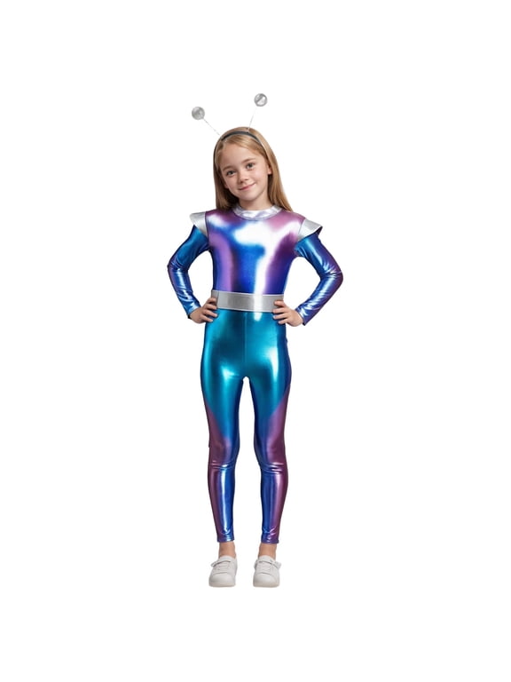 Girls Space Alien Dress, Sleeveless Metallic Shiny Party Dress with Antenna Headband, Futuristic Cosmic Outfit for Halloween Party and Dress Up Play, Halloween Gifts