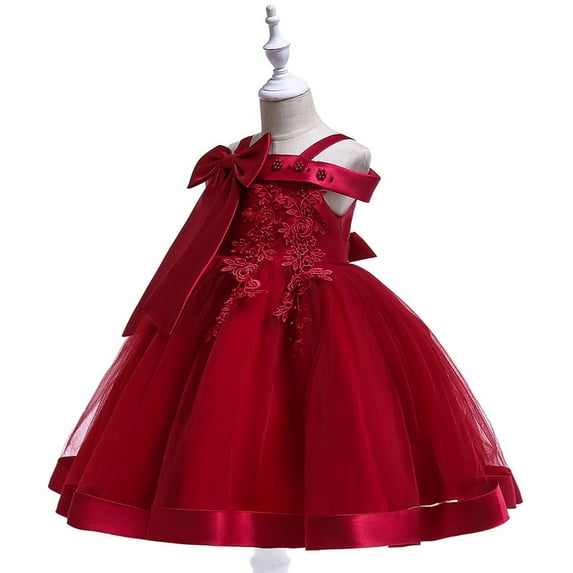 Girls Spaghetti Strap Dress, Thin Strap Flower Girl Dress with Floral Print, Elegant Tulle Party Gown for Wedding, Birthday and Special Occasions, Age 3-12 Years Wine 130