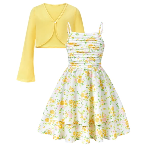 Aideaone Girls Dress Set Floral Spaghetti Strap Dress with Cardigan for Tweens Teens 7-14 Years